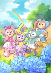 2boys 2girls animal_ears bear_girl boots duffy_and_friends duffy_the_disney_bear fox_girl gelatoni green_fur highres holding long_sleeves looking_at_viewer multiple_boys multiple_girls no_humans open_mouth rabbit_ears rabbit_girl rainbow raincoat shelliemay smile standing stellalou stuffed_animal stuffed_toy takatmaorange