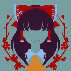 Rule 34 | branch, brown hair, collared shirt, falling petals, floral print, flower, frilled hair tubes, frilled ribbon, frills, hair ribbon, hair tubes, hakurei reimu, highres, limited palette, maskin mei, medium hair, minimalism, neckerchief, orange neckerchief, petals, red ribbon, ribbon, shirt, sidelocks, simple background, smile, touhou, vector art