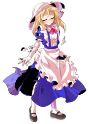 Rule 34 | 1girl, alphes (style), apron, arm at side, black shoes, blonde hair, blue dress, blush, collared dress, commentary request, dairi, defeat, dress, elbow gloves, frilled apron, frilled gloves, frills, full body, gloves, hair between eyes, hat, hat ribbon, kana anaberal, large variant set, legs apart, maid apron, mary janes, medium hair, parody, puffy short sleeves, puffy sleeves, red ribbon, ribbon, shoes, short sleeves, sidelocks, socks, solo, standing, style parody, tachi-e, torn clothes, touhou, touhou (pc-98), transparent background, variant set, white apron, white gloves, white hat, white socks