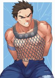 Rule 34 | 1boy, abs, arms behind head, bara, bare pectorals, bulge, cowboy shot, cross scar, dirty, dirty face, fishnet top, fishnets, forked eyebrows, highres, ichimonji batsu, justice gakuen, looking at viewer, male focus, male pubic hair, muscular, muscular male, navel, nipples, no male underwear, pectorals, pubic hair, pubic hair peek, scar, scar on arm, short hair, sideburns, sitting, solo, stomach, thick eyebrows, thick thighs, thighs, zink (zink mchn)