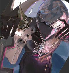 1boy black_lightning blue_eyes colored_skin fate/grand_order fate_(series) grey_skin highres indra_(fate) lightning male_focus osaki_iyo scar scar_across_eye scar_on_face smile white_hair