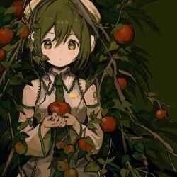 1girl absurdres alternate_eye_color alternate_hair_color alternate_skin_color apple balabling bare_shoulders colored_skin commentary detached_sleeves english_commentary expressionless food frilled_shirt frills fruit green_eyes green_hair green_nails grey_shirt hair_between_eyes hair_ornament hatsune_miku highres holding holding_food holding_fruit looking_at_viewer plant_on_head shirt short_hair shoulder_tattoo sleeveless sleeveless_shirt solo tareme tattoo upper_body vocaloid white_skin