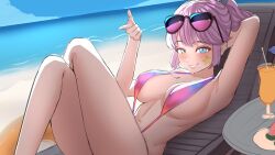 1girl absurdres aqua_eyes armpits beach blue_sky blush breasts cain_lee cloud cloudy_sky commentary crossed_legs day drink english_commentary erneste_(horizon_walker) eyewear_on_head facial_mark glass gradient_one-piece_swimsuit gradient_slingshot_swimsuit grin highres horizon_walker large_breasts looking_at_viewer navel ocean one-piece_swimsuit outdoors pink-tinted_eyewear pink_hair pink_one-piece_swimsuit pink_slingshot_swimsuit ponytail sand sky slingshot_swimsuit smile solo star_(symbol) star_facial_mark stomach sunglasses swimsuit table thighs tinted_eyewear