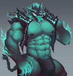 1boy abs absurdres animal_ears bara black_male_underwear bulge cerberus_(fortnite) commentary dog_boy dog_ears drooling english_commentary flaming_eyes fortnite furry furry_male highres krowndconvz male_focus male_underwear multiple_heads muscular muscular_male navel nipples open_mouth pectorals saliva sharp_teeth tail teeth tongue tongue_out underwear