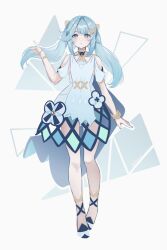 Rule 34 | 1girl, aqua eyes, aqua hair, armpit cutout, bare legs, bare shoulders, bracelet, clothing cutout, dress, faruzan (genshin impact), full body, genshin impact, grey background, hair ornament, hand up, highres, jewelry, lacieon, long hair, looking at viewer, shoes, short sleeves, shoulder cutout, simple background, solo, standing, twintails, very long hair, white dress, x hair ornament
