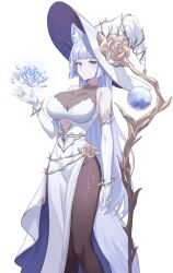 1girl animal_ears bare_shoulders blunt_bangs breasts bridal_gauntlets brown_pantyhose clothing_cutout dress expressionless flower fox_ears gold_choker gold_trim hand_up hat highres large_breasts long_hair looking_at_viewer original pantyhose pelvic_curtain purple_eyes rose see-through_cleavage see-through_clothes simple_background solo staff strapless strapless_dress underboob_cutout very_long_hair waist_cape white_background white_dress white_hair white_hat witch_hat ysoa26