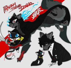 2boys amamiya_ren animal_ears axontatsu black_coat black_fur blue_fire cat_ears cat_nose character_name coat commentary_request cutlass dog dog_ears dog_nose dog_tail english_text fire glasses highres holding holding_sword holding_weapon joker_(persona_5) looking_at_viewer looking_to_the_side masked morgana_(cat)_(persona_5) morgana_(persona_5) multicolored_fur multiple_boys neckerchief open_mouth persona persona_5 school_uniform signature smile sword tail weapon white_fur yellow_neckerchief