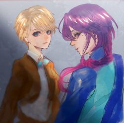 1990s_(style) 1boy 1girl bad_id bad_pixiv_id blonde_hair blue_eyes braid earrings fushigi_yuugi gradient_background hair_over_shoulder hana_(asml30) hongou_yui jewelry lips long_hair looking_at_viewer looking_back mole mole_under_eye nuriko_(fushigi_yuugi) purple_eyes retro_artstyle short_hair single_braid