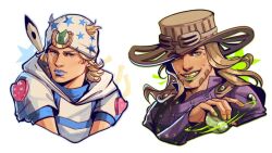 2boys ball beanie beard blonde_hair blue_eyes blue_lips blue_nails blue_sleeves brown_hair brown_hat commentary cowboy_hat cropped_torso facial_hair feathers goggles goggles_on_headwear green_ball green_eyes green_lips grin gyro_zeppeli hat heart_ornament holding holding_ball hood hood_down hoodie horseshoe horseshoe_hat_ornament horseshoe_ornament johnny_joestar jojo_no_kimyou_na_bouken lis_cepu long_hair male_focus medium_hair multiple_boys short_sleeves smile spinning star_(symbol) star_print steel_ball_(jojo) steel_ball_run teeth white_background white_hat white_hoodie white_sleeves yellow_nails