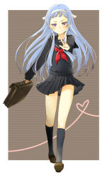 00s bad_id bad_pixiv_id bag blue_hair blunt_bangs hairband highres jikunyaga kannagi long_hair nagi purple_eyes school_bag school_uniform serafuku solo v