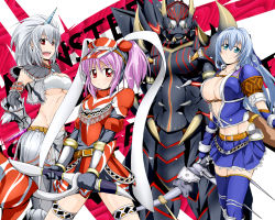 Rule 34 | 4girls, :d, akantor (armor), armor, azure (armor), bandeau, bare shoulders, blue dress, blue eyes, blue hair, blue skirt, blue thighhighs, blush, bow (weapon), breasts, brooch, capcom, cleavage, detached collar, dress, full armor, gauntlets, gem, head tilt, headgear, hermitaur (armor), holding, holding weapon, horns, huge breasts, jewelry, kirin (armor), long hair, looking at viewer, monster hunter (series), multiple girls, mun, open mouth, pink eyes, pink hair, pleated skirt, red dress, sharp teeth, shoulder spikes, silver hair, single horn, skirt, smile, spikes, standing, tareme, teeth, thighhighs, underboob, very long hair, weapon, zettai ryouiki