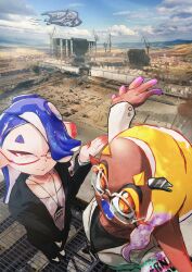 1boy 2girls absurdres armband big_man_(splatoon) blonde_hair blue_hair cityscape collarbone construction_site couldoh crane_(machine) dark-skinned_female dark_skin desert fangs formal_clothes from_above frye_(splatoon) glasses grate hair_ornament hairclip highres inkling landscape looking_at_viewer manta_ray mountain mountainous_horizon multiple_girls name_tag nintendo octoling official_alternate_costume outdoors outstretched_arms shiver_(splatoon) splatoon_(series) splatoon_3 suit tentacle_hair yellow_eyes