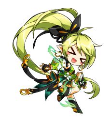 &gt;_&lt; 1girl absurdres belt black_belt black_boots black_bow black_dress black_gloves black_ribbon blush_stickers boots bow chibi clenched_hand detached_sleeves dress earrings elf elsword fingerless_gloves floating_clothes floating_hair frilled_sleeves frills game_cg gauntlets gloves gold_buckle gold_earrings green_dress green_hair hair_bow hair_ribbon high_side_ponytail highres hoop_earrings hwansang jewelry layered_dress leg_tattoo leg_up long_dress long_hair long_sleeves o-ring o-ring_belt official_art open_belt open_mouth pointy_ears ponytail_with_braided_base puffy_long_sleeves puffy_sleeves rena_erindel ribbon second-party_source single_gauntlet sleeveless sleeveless_dress smile solo swept_bangs tachi-e tattoo transparent_background very_long_hair white_sleeves
