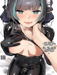 1boy alterkyon animegao azur_lane bdsm bodysuit breasts chastity_cage cheshire_(azur_lane) cosplay flat_chastity_cage green_eyes green_hair grey_hair highres kigurumi latex latex_bodysuit looking_at_viewer maid_headdress medium_hair multicolored_hair nipples open_mouth saliva_pool sitting skin_tight small_breasts small_chastity_cage trap