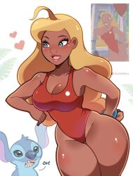 Rule 34 | 1girl, ahoge, blonde hair, blue eyes, blue fur, breasts, dark-skinned female, dark skin, eyelashes, heart, highres, lifeguard, lifeguard (lilo &amp; stitch), lilo &amp; stitch, long hair, one-piece swimsuit, open mouth, reference inset, simple background, stitch (lilo &amp; stitch), surprised, swimsuit, teeth, touyarokii, white background