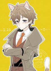 1boy animal_ears blush brown_hair brown_vest cat_boy cat_ears cat_tail coat collared_shirt crossed_arms grey_coat grey_eyes highres kemonomimi_mode male_focus necktie ohuman oliver_fog orange_necktie reverse:1999 shirt short_hair solo sweat tail upper_body vest watermark white_shirt yellow_background