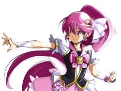 1girl aino_megumi arm_warmers black_vest brooch cure_lovely earrings hair_between_eyes hair_ornament happinesscharge_precure! heart heart_brooch heart_hair_ornament highres jewelry kurose_kousuke looking_to_the_side magical_girl pink_eyes pink_hair pink_skirt ponytail precure puffy_short_sleeves puffy_sleeves short_sleeves skirt smile solo vest wide_ponytail