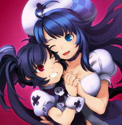 2girls arin artist_request bad_id bad_pixiv_id beret black_hair blue_eyes blue_hair breasts hat kooh large_breasts long_hair multiple_girls one_eye_closed pangya red_eyes ribbon short_sleeves twintails