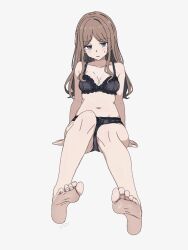 1girl bang_dream! bang_dream!_it&#039;s_mygo!!!!! barefoot blue_eyes blush bra brown_hair feet highres long_hair looking_at_viewer nagasaki_soyo panties parted_lips soles toes underwear vchii_usagi