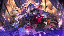 Rule 34 | 3girls, bag, black leggings, black swan (honkai: star rail), blue eyes, breasts, candle, card, cat girl, choco (chocolate shop), cipher (honkai: star rail), crossover, fate/stay night, fate (series), highres, honkai: star rail, honkai (series), large breasts, leggings, long hair, medium breasts, multiple girls, open mouth, red shirt, reflection, shirt, shoulder bag, skirt, thighhighs, tohsaka rin, twintails, white hair, yellow eyes, zettai ryouiki