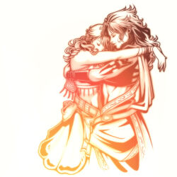 2girls amano_yoshitaka_(style) arm_markings bare_shoulders bold-lady-boss closed_eyes couple cropped_legs final_fantasy final_fantasy_viii final_fantasy_xiii hand_on_another&#039;s_shoulder heads_together hug logo_parody markings midriff multiple_girls oerba_dia_vanille oerba_yun_fang orange_theme parody simple_background smile style_parody yuri
