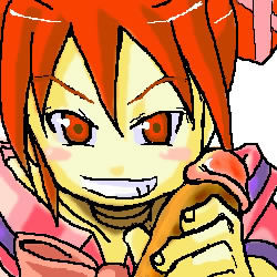 1boy 1girl aliasing blush blush_stickers brave_fencer_musashiden breasts grin handjob happy happy_sex hetero looking_at_viewer lowres mirabo musashiden_ii nanasyu oekaki penis penis_grab pov red_eyes red_hair simple_background smile uncensored white_background