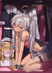 1girl :/ absurdres aqua_nails arm_support bare_shoulders belt breasts closed_mouth closet clothes_hanger commentary crop_top denim denim_shorts expressionless fishnet_pantyhose fishnets grey_hair hair_between_eyes hair_ornament hairclip heart heart_o-ring highres kneeling leaning_forward long_hair looking_at_viewer looking_to_the_side loose_socks mannequin midriff nail_polish naruto_maki_(naruto05) o-ring o-ring_thigh_strap open_belt original pantyhose pink_eyes pink_shirt red_socks shirt short_shorts shorts single_leg_pantyhose sleeveless sleeveless_shirt small_breasts socks solo strap_slip thigh_strap three_quarter_view torn_clothes torn_shorts twintails unworn_clothes unworn_wig white_belt wig