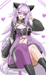 1girl absurdres ahoge animal_ears asymmetrical_legwear black_choker black_jacket cat_choker cat_ears cat_tail choker fake_animal_ears fishnet_thighhighs fishnets glasses hair_ornament hairpin halterneck heart heart-shaped_eyewear highres hololive jacket kurogomatcha long_hair looking_at_viewer multicolored_jacket nekomata_okayu nekomata_okayu_(personya_respect) o-ring o-ring_choker official_alternate_costume official_alternate_hair_length official_alternate_hairstyle open_mouth panties purple_eyes purple_hair purple_jacket purple_panties smile solo tail thighhighs two-tone_jacket underwear very_long_hair virtual_youtuber