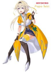 Rule 34 | 1girl, :d, absurdres, belt, black choker, black hairband, blonde hair, blue skirt, blush, boots, bow, brown belt, brown boots, brown gloves, character name, choker, coat, collared shirt, commentary request, copyright name, finger gun, fingerless gloves, fold-over boots, full body, gloves, green bow, hair between eyes, hair intakes, hair over shoulder, hair tubes, hairband, hand on own knee, hand up, high heel boots, high heels, highres, hiyoku no crosspiece, ieiri popo, ieiri popo (1st costume), knee boots, long hair, looking at viewer, low twintails, miniskirt, multicolored hair, muneate, nanashi inc., navel, open clothes, open coat, open mouth, plaid clothes, plaid skirt, pleated skirt, pointing, purple eyes, sankyo (821-scoville), shirt, short sleeves, simple background, skirt, smile, solo, streaked hair, thighhighs, twintails, two-tone hair, virtual youtuber, white background, white boots, white shirt, wrist straps, yellow coat, yellow thighhighs, zettai ryouiki