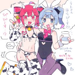 2girls animal_print bikini bottle cow_print cow_print_bikini drill_hair fang hatsune_miku heart heart-shaped_pupils highres kasane_teto kasane_teto_(utau) lactation lactation_through_clothes leotard milk_bottle multiple_girls playboy_bunny print_bikini rabbit_hole_(vocaloid) red_eyes red_hair skin_fang swimsuit symbol-shaped_pupils translation_request twin_drills utau vocaloid wan_txt yuri