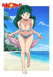 1girl barefoot beach bikini blue_bikini border breasts cleavage collarbone cone_horns copyright_logo day full_body green_eyes green_hair highres holding_sarong horns large_breasts leaning_forward long_hair looking_at_viewer lum moechiki navel ocean open_mouth outdoors outside_border pink_sarong sarong solo standing swimsuit urusei_yatsura white_border