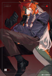 1boy absurdres arknights arm_strap axianorange black_coat black_gloves bound bound_wrists braid coat coat_on_shoulders colored_skin dragon_boy dragon_horns eastern_dragon_horns facial_hair foot_out_of_frame furry furry_male gloves goatee green_skin highres horns long_hair long_sleeves looking_at_viewer male_focus purple_shirt recording red_background red_eyes red_hair shirt solo tail twin_braids very_long_hair viewfinder wei_yenwu_(arknights) white_hair yellow_eyes