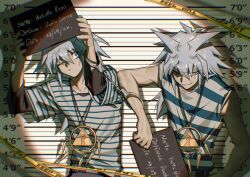2boys absurdres anger_vein bakura_ryou blue_eyes caution_tape dated_commentary grin highres holding keep_out lineup long_hair looking_at_another looking_at_viewer male_focus millennium_ring mugshot multiple_boys one_eye_closed shared_handcuffs shirt sign sleeveless smile spiked_hair striped_clothes striped_shirt sweat sweatdrop tank_top upper_body white_hair xiao_(creation0528) yami_bakura yu-gi-oh! yu-gi-oh!_duel_monsters