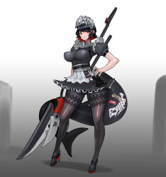 1girl absurdres arm_behind_back black_dress black_hair black_pantyhose closed_mouth collar colored_inner_hair dress ellen_joe fins fish_tail hairband hand_on_own_hip highres holding holding_weapon looking_at_viewer maid_headdress metal_hairband multicolored_hair pantyhose platinum1945 red_eyes red_hair shark_girl shark_tail spiked_collar spiked_headband spikes tail weapon white_background zenless_zone_zero