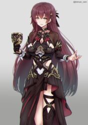 1girl absurdres bilingual_commentary black_dress black_gloves black_thighhighs breasts brown_hair chalice cleavage cleavage_cutout clothing_cutout commentary commentary_request cup dress eden_(honkai_impact) english_commentary gloves grey_background highres holding holding_cup honkai_(series) honkai_impact_3rd kinnan large_breasts long_hair mixed-language_commentary see-through_cleavage see-through_clothes simple_background single_glove single_thighhigh smile solo thighhighs very_long_hair yellow_eyes
