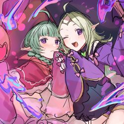 2girls ;d ahoge black_shorts blunt_bangs blush bow braid brooch capelet circlet dress fire_emblem fire_emblem_awakening fire_emblem_heroes frilled_capelet frilled_dress frilled_sleeves frills gem green_gemstone green_hair hair_bow halloween halloween_costume happy hat heart heart_brooch highres jewelry light_frown long_hair looking_at_viewer magic medium_hair mother_and_daughter multiple_girls nah_(fire_emblem) nah_(halloween)_(fire_emblem) nintendo nowi_(eternal_witch)_(fire_emblem) nowi_(fire_emblem) official_alternate_costume one_eye_closed open_mouth parted_bangs pink_dress pink_ribbon pointy_ears purple_eyes purple_hat purple_vest red_dress red_hat ribbon sakura_no_yoru shorts side-by-side sketch smile twin_braids unfinished very_long_sleeves vest witch_hat