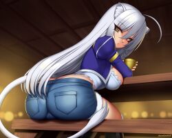 1girl animal_ears ass ass_focus blue_jacket breasts bustier butt_crack cat_ears chalice cup dog_days fur_trim hair_between_eyes jacket kuroonehalf large_breasts leonmitchelli_galette_des_rois lion_tail long_hair looking_at_viewer looking_back open_mouth pants pursed_lips short_shorts shorts solo tail thong tight_clothes tight_pants whale_tail_(clothing) white_hair yellow_eyes