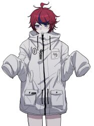 1boy ahoge blue_eyes blue_hair blush closed_mouth cosplay costume_switch drawstring frown highres jacket long_sleeves male_focus messy_hair multicolored_hair oversized_clothes oversized_jacket red_hair simple_background solo solo_focus sumino_takumi the_hundred_line_-last_defense_academy- white_background white_jacket zipper zipper_pull_tab