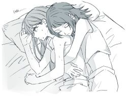 2girls akni bang_dream! bang_dream!_it&#039;s_mygo!!!!! camisole commentary_request greyscale hug hug_from_behind korean_commentary korean_text long_hair lying medium_hair midriff mole mole_under_eye monochrome multiple_girls on_bed on_side open_mouth pillow shiina_taki sweat translation_request yahata_umiri yuri