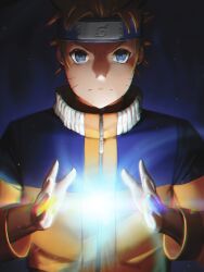 Rule 34 | 1boy, absurdres, blonde hair, blue background, blue eyes, blue jacket, closed mouth, commentary, dark background, english commentary, forehead protector, highres, jacket, light particles, looking at viewer, male focus, multicolored jacket, naruto (classic), naruto (series), numanoan, short hair, solo, two-tone jacket, upper body, uzumaki naruto, yellow jacket, zipper, zipper pull tab