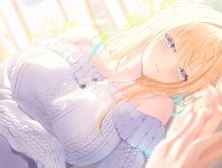 Rule 34 | 1girl, 1other, aizawa ema, aqua hair, aran sweater, arm under breasts, armpit crease, bare shoulders, blonde hair, blue eyes, blue pupils, blunt ends, blurry, blurry background, blurry foreground, blush, breasts, bright background, cable knit, choppy bangs, closed mouth, commentary request, depth of field, dutch angle, eyes visible through hair, gradient hair, hair over eyes, haru (haru83380282), highres, holding hands, jewelry, large breasts, long bangs, long hair, looking at viewer, lying, multicolored hair, necklace, off-shoulder sweater, off shoulder, on side, out of frame, purple eyes, solo focus, sweater, upper body, virtual youtuber, vspo!, white sweater