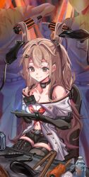 Rule 34 | 1girl, 2boys, absurdres, black gloves, black shorts, blush, bottle, breasts, brown eyes, brown hair, cleavage, closed mouth, commentary, english commentary, faceless, faceless male, floof, girls&#039; frontline, girls&#039; frontline 2: exilium, gloves, hair brush, hair fan, hair ornament, hairclip, highres, holding, k2 (girls&#039; frontline), long hair, multiple boys, navel, one side up, shorts, sitting, smile, yoohee (girls&#039; frontline 2)