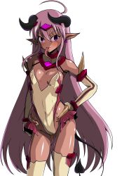 1girl absurdres ahoge aoi_tabane bare_shoulders blush breasts circlet covered_erect_nipples covered_navel cowboy_shot cropped_legs dark-skinned_female dark_skin demon_girl demon_horns demon_tail earrings elbow_gloves gloves gluteal_fold hair_between_eyes hand_on_own_hip heart heart_earrings highleg highleg_leotard highres horns jaggy_lines jewelry kougyaku_reiki leotard long_hair long_tongue looking_at_viewer pink_eyes pink_hair pointy_ears purple_eyes purple_hair red_trim shakugan_no_shana shana simple_background small_breasts smile solo standing tail thighhighs tongue tongue_out transparent_background very_long_hair white_background white_gloves white_thighhighs
