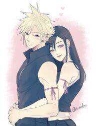 1boy 1girl arm_ribbon arms_around_waist bare_shoulders black_hair black_shirt blonde_hair blue_eyes closed_mouth cloud_strife commentary_request couple earrings final_fantasy final_fantasy_vii final_fantasy_vii_advent_children from_side gradient_background head_on_another&#039;s_back heart holding_hands hug hug_from_behind jewelry long_hair looking_at_viewer looking_to_the_side midriff_peek nidou_(rechlo) open_mouth pink_lips popped_collar red_eyes red_ribbon ribbon shirt short_hair single_earring sleeveless sleeveless_shirt smile spiked_hair stud_earrings tank_top teardrop_earrings tifa_lockhart twitter_username upper_body white_tank_top zipper