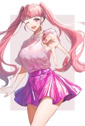 1girl breasts fire_emblem fire_emblem:_three_houses gyaru_v highres hilda_valentine_goneril long_hair nintendo pink_eyes pink_hair shirt skirt smile solo tomo_shirasu twintails v very_long_hair