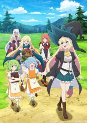 6+girls absurdres ahoge aizawa_azusa apron beelzebub_(slime_taoshite_300_nen) blonde_hair blue_eyes blue_hair blue_sky blush book boots closed_eyes closed_mouth cloud day demon_girl demon_horns elf falfa_(slime_taoshite_300_nen) full_body grass green_hair halkara_(slime_taoshite_300_nen) hat highres holding holding_book horns hugging_book hugging_object key_visual laika_(slime_taoshite_300_nen) long_hair long_sleeves looking_at_another mother_and_daughter mountainous_horizon multiple_girls official_art open_mouth outdoors outstretched_arms pointy_ears promotional_art red_eyes red_hair shalsha_(slime_taoshite_300_nen) short_hair siblings sisters skirt sky slime_taoshite_300_nen_shiranai_uchi_ni_level_max_ni_nattemashita smile spread_arms tree twins walking white_hair witch_hat