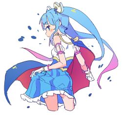 1girl blue_eyes blue_hair blue_skirt bracelet cape cropped_legs cure_sky detached_sleeves floating_hair frilled_skirt frills from_behind gloves gradient_hair hair_ornament hirogaru_sky!_precure jewelry long_hair looking_at_viewer looking_back magical_girl multicolored_hair pink_hair pleated_skirt precure puffy_short_sleeves puffy_sleeves ranirani short_sleeves simple_background sketch skirt sleeveless solo sora_harewataru twintails two-tone_hair very_long_hair white_background white_gloves wing_hair_ornament