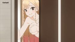 1girl animated animated_gif blonde_hair bouncing_breasts breasts brown_eyes cheating_(relationship) covering_breasts covering_privates door felipe_godoy gyaru hanging_breasts implied_sex kitagawa_marin large_breasts long_hair looking_at_viewer multicolored_hair netorare nipples pink_hair sex smile solo sono_bisque_doll_wa_koi_wo_suru