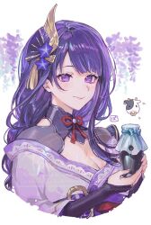 1girl armor blue_pupils blunt_bangs bottle braid breasts bridal_gauntlets cleavage closed_mouth clothing_cutout cow dango_milk_(genshin_impact) flower genshin_impact hair_ornament holding holding_bottle japanese_clothes kimono large_breasts light_blush light_smile long_braid long_hair looking_at_viewer looking_to_the_side mole mole_under_eye multicolored_hair neck_ribbon off_shoulder pink_lips pon2oo purple_eyes purple_hair purple_kimono raiden_shogun red_ribbon ribbon shoulder_armor shoulder_cutout single_braid solo streaked_hair watermark white_background wisteria