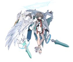 angel angel_wings animated animated_gif aqua_hair aqua_halo black_gloves bouncing_breasts breasts commentary counter:side dagger detached_sleeves dress feathered_wings floating floating_armor floating_object floating_weapon full_body gloves gradient_hair green_eyes grey_hair hair_between_eyes halo honeycomb_(pattern) knife long_sidelocks looking_at_viewer looping_animation low_wings medium_breasts medium_hair multicolored_hair multiple_wings necktie noelle_(counter:side) official_art red_necktie sidelocks simple_background smile sprite strappy_heels weapon white_background white_wings wings